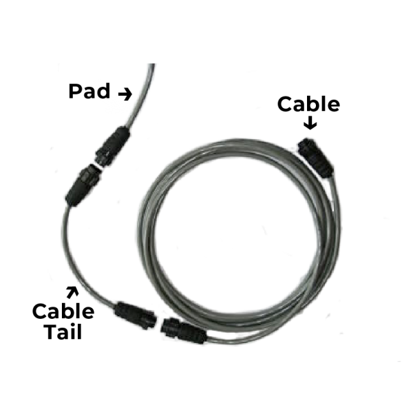 A picture of a white cable on a black background.