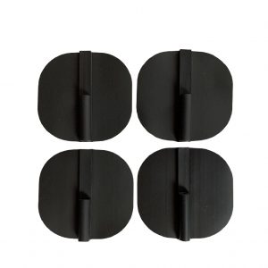 A set of four black plastic discs with handles.